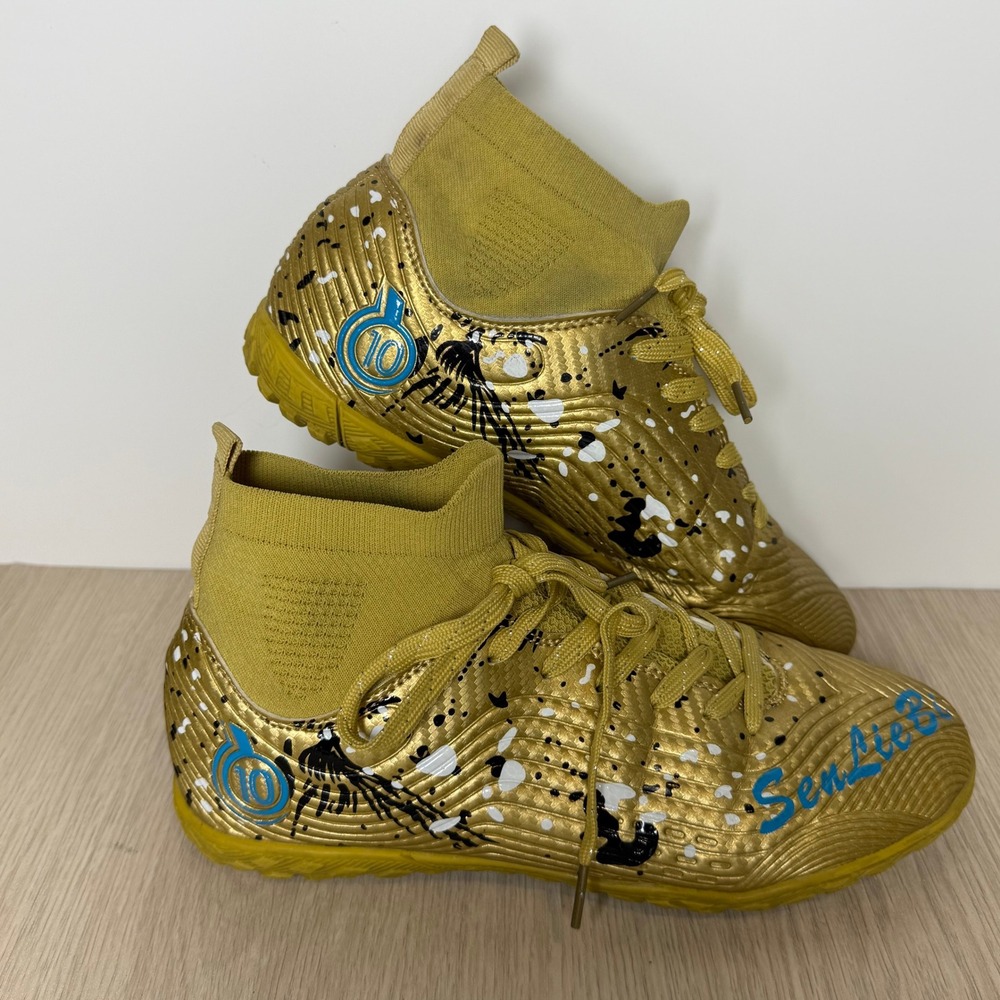 Gold Metallic Soccer Cleats High Top Turf Shoes‎ Paint Splatter Design Size 38